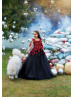 Burgundy Lace Black Tulle V Back Popular Flower Girl Dress